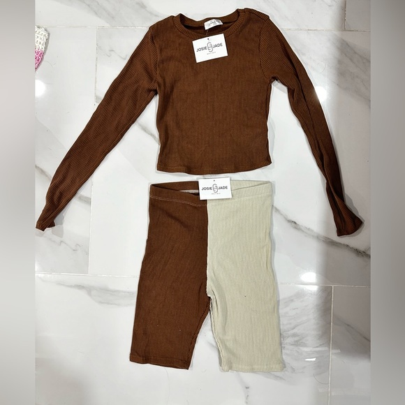 brown/cream colorblock long sleeve biker short set - Picture 1 of 1